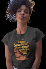 proud black woman wearing a custom t-shirt from rgmjbrands.com